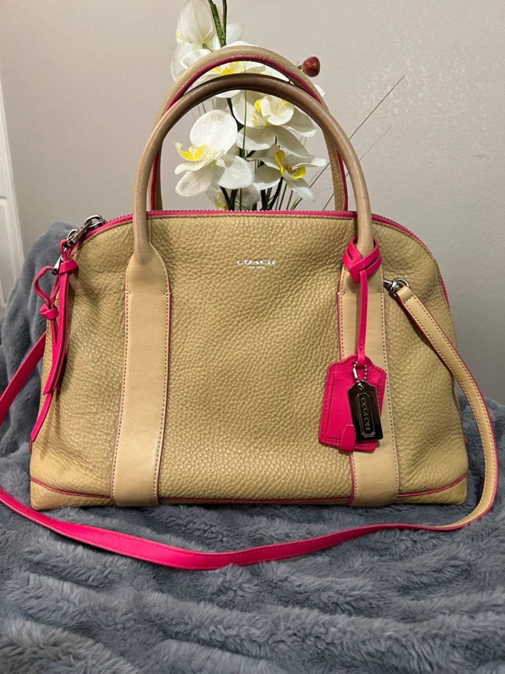 Coach Bleeker Preston Tan  and Hot Pink Leather Satchel